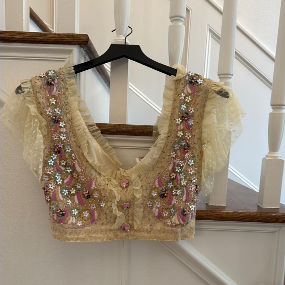 Cream Embellished Ruffled Cropped Blouse